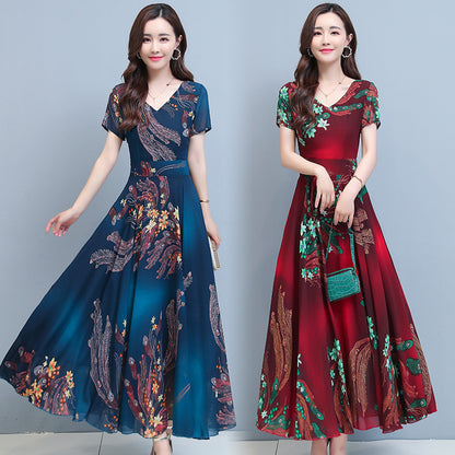 Over The Knee V-neck Swing Long Dress Printed Waist-controlled Slimming Middle-aged Mom Dress