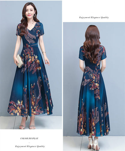 Over The Knee V-neck Swing Long Dress Printed Waist-controlled Slimming Middle-aged Mom Dress