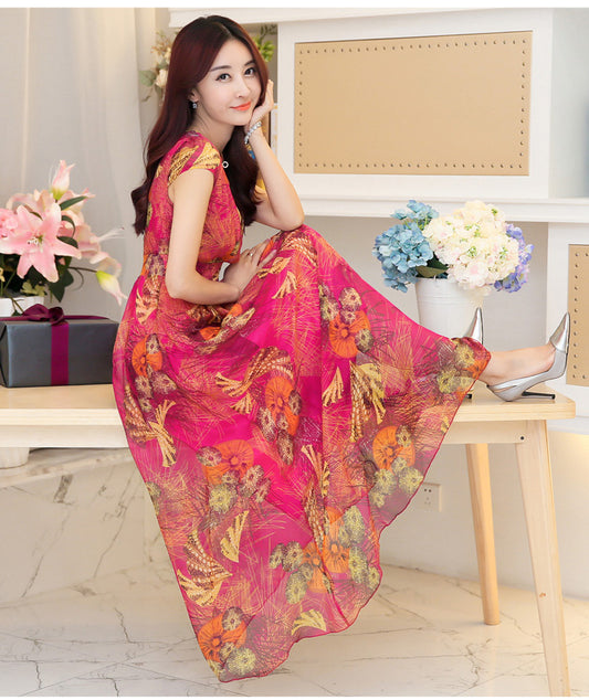 V-neck chiffon print dress slim dress