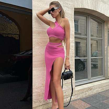 Stylish Sloping Shoulder Crop Top & High Waist Hollow Skirt Set – Tight Two-Piece Cotton Suit (Pink/Black, S-L)