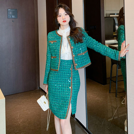 Elegant Green Tweed Coat & Irregular Sheath Skirt Suit – Urban Style with Super Long Sleeves (S-XL)