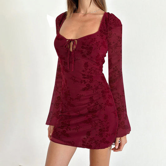 Elegant Style Red Flocking Tied Dress for Women – Printed Hip Skirt Design (XS-L)
