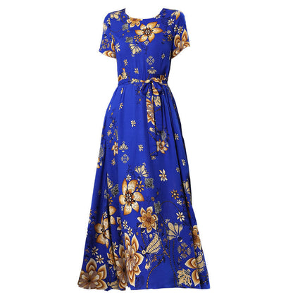 Women's Noil Poplin Dress Ethnic Style Summer Artificial Cotton Slim Fit Large Swing Skirt Short Sleeve