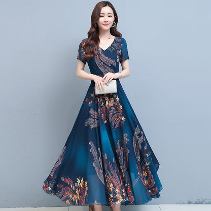 Over The Knee V-neck Swing Long Dress Printed Waist-controlled Slimming Middle-aged Mom Dress