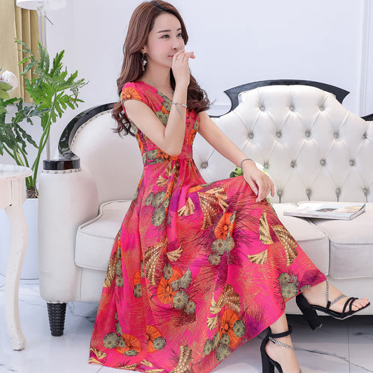 Floor Sweeping Chiffon Printed Maxi Dress with Short Sleeves