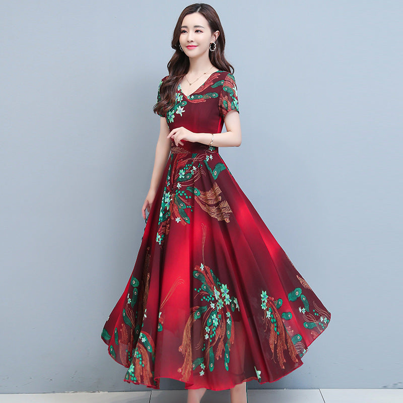 Over The Knee V-neck Swing Long Dress Printed Waist-controlled Slimming Middle-aged Mom Dress