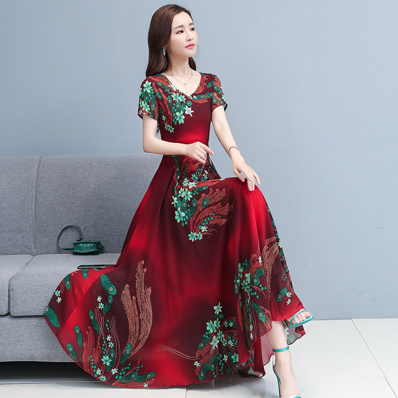 Over The Knee V-neck Swing Long Dress Printed Waist-controlled Slimming Middle-aged Mom Dress