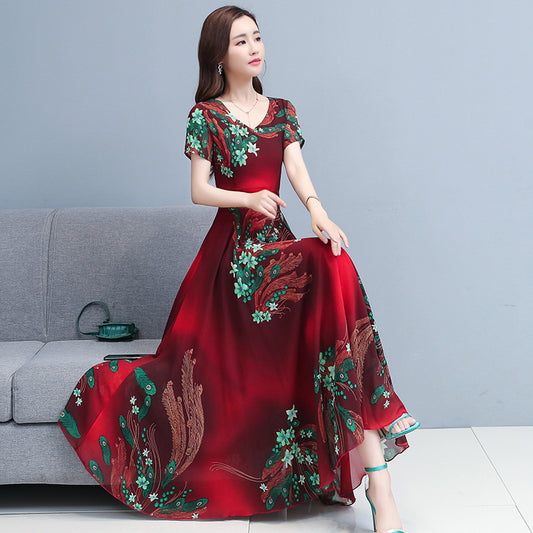 Over The Knee V-neck Swing Long Dress Printed Waist-controlled Slimming Middle-aged Mom Dress