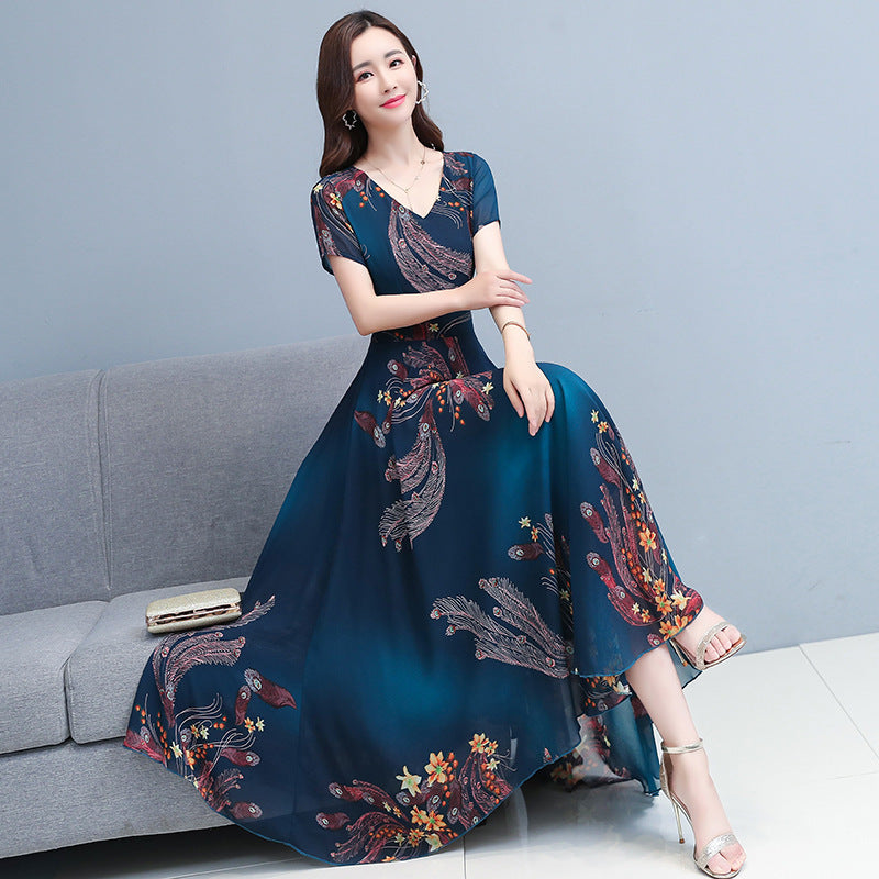 Over The Knee V-neck Swing Long Dress Printed Waist-controlled Slimming Middle-aged Mom Dress
