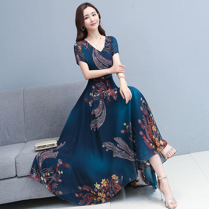 Over The Knee V-neck Swing Long Dress Printed Waist-controlled Slimming Middle-aged Mom Dress