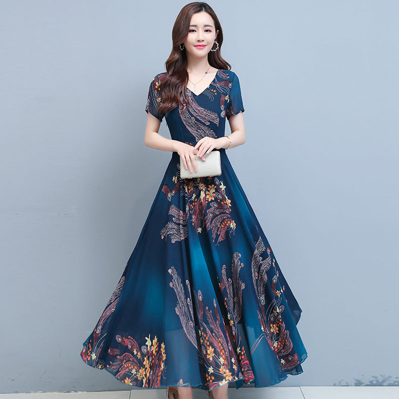 Over The Knee V-neck Swing Long Dress Printed Waist-controlled Slimming Middle-aged Mom Dress