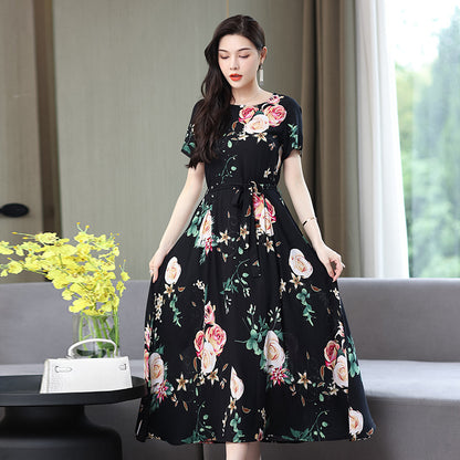 Women's Noil Poplin Dress Ethnic Style Summer Artificial Cotton Slim Fit Large Swing Skirt Short Sleeve
